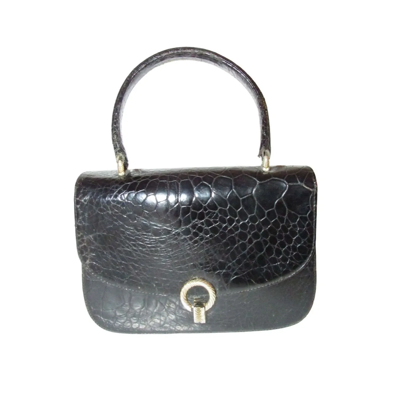 Giorgio GUCCI, Bamboo 1947 style, dark navy crocodile leather, top handle purse with sterling hardware, a boxy, structured shape, & an envelope style top