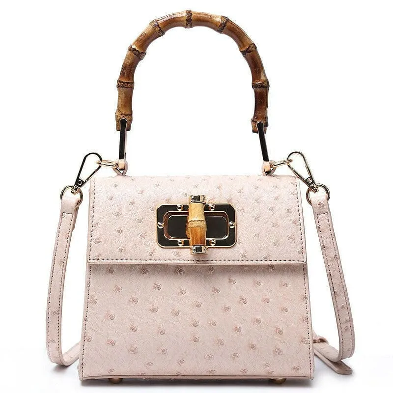 Green Ostrich Pattern Buckle Bag with Bamboo Handle