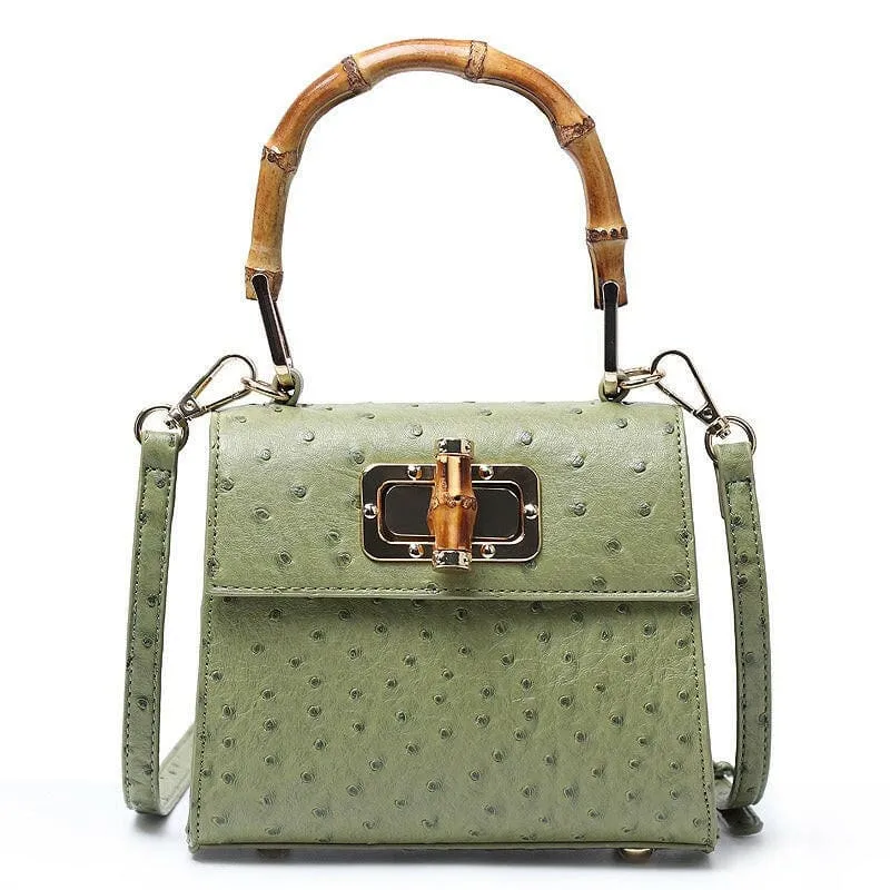 Green Ostrich Pattern Buckle Bag with Bamboo Handle
