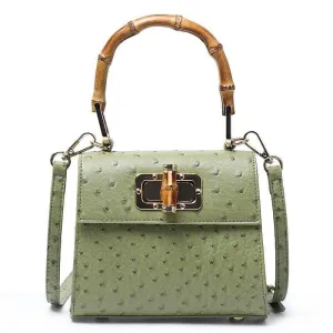 Green Ostrich Pattern Buckle Bag with Bamboo Handle