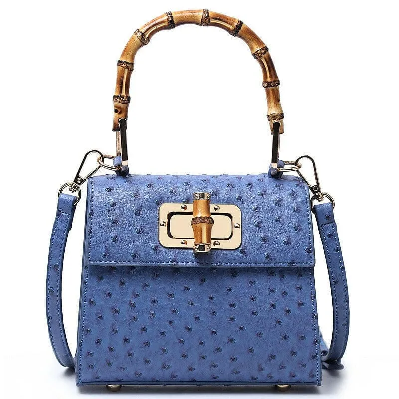 Green Ostrich Pattern Buckle Bag with Bamboo Handle