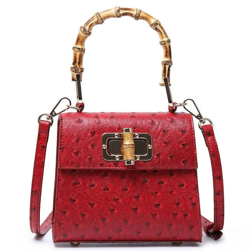 Green Ostrich Pattern Buckle Bag with Bamboo Handle