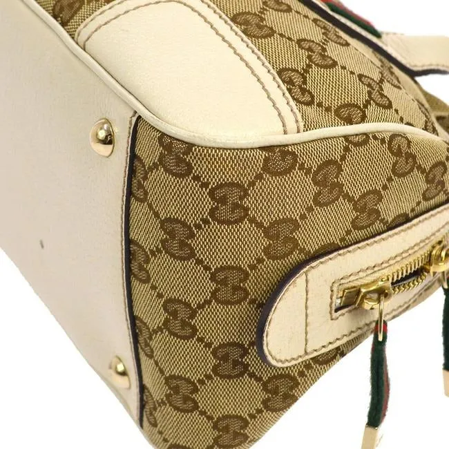 Gucci Mayfair Satchel Brown Large Logo Print Canvas And White Leather