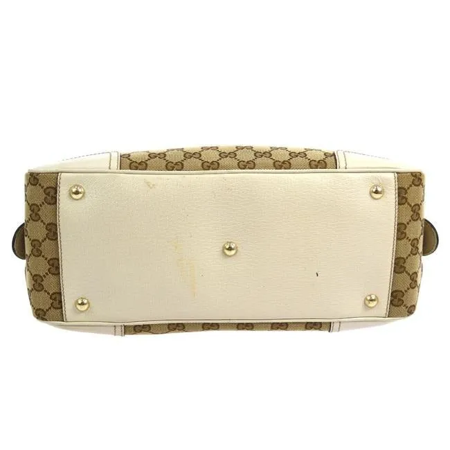 Gucci Mayfair Satchel Brown Large Logo Print Canvas And White Leather