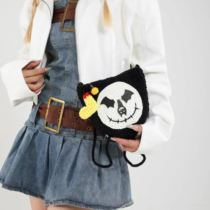 Halloween Handmade Wool Bat & Pumpkin Woven Shoulder Messenger Bag