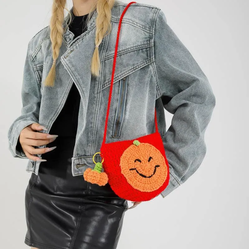 Halloween Handmade Wool Bat & Pumpkin Woven Shoulder Messenger Bag
