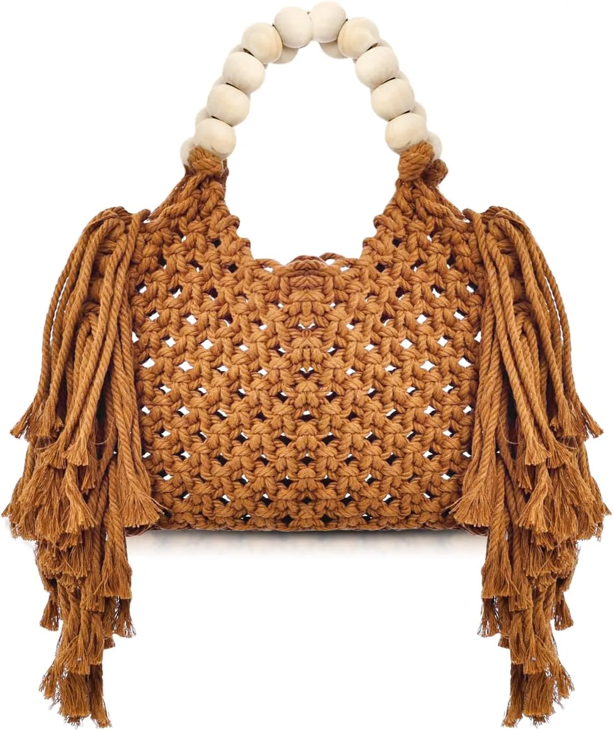 Handwoven Beaded Handle Fringe Khaki Handbag