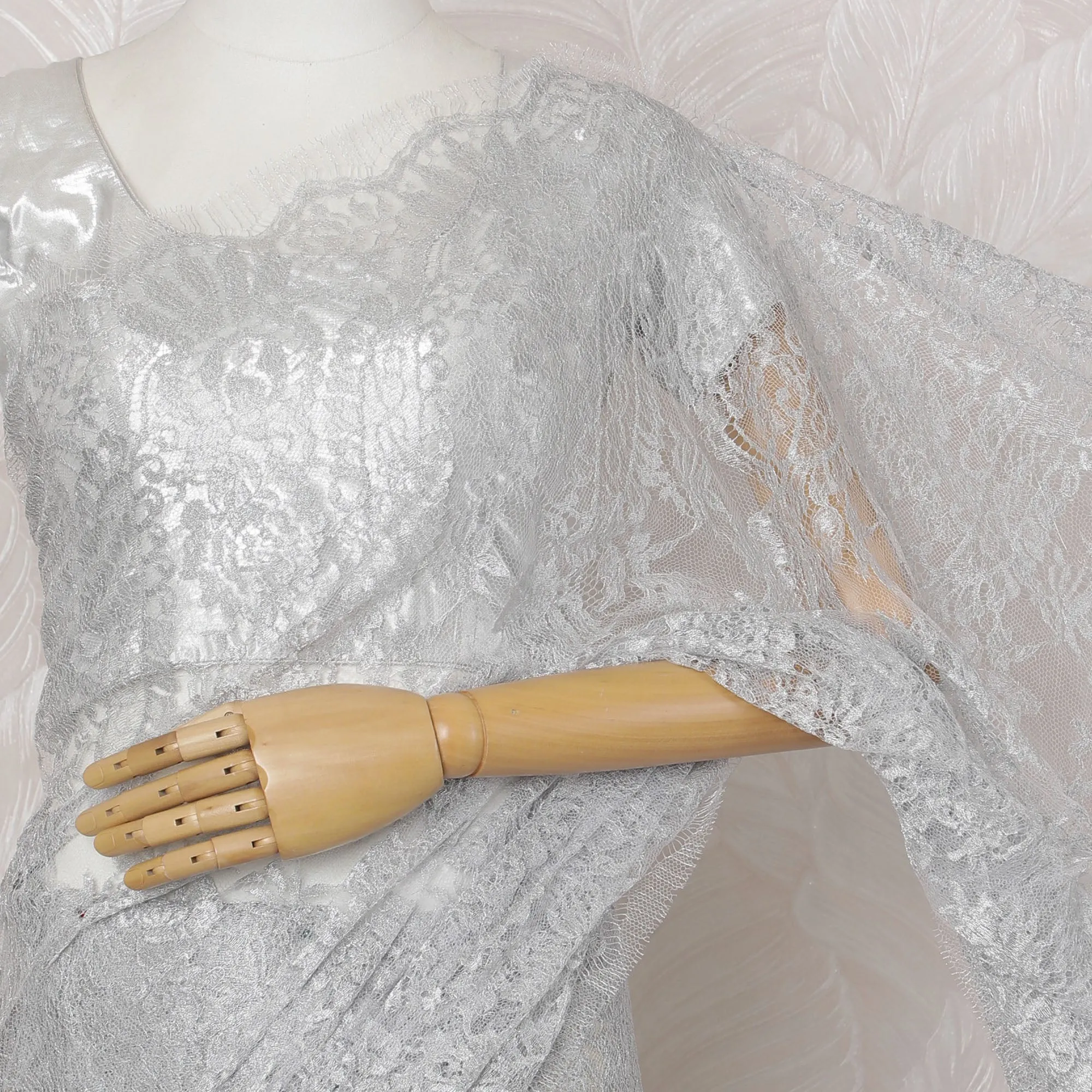 Icy Silver French Metallic Chantilly Lace Saree - 110 cm Width, 5.5 Meters-D20164