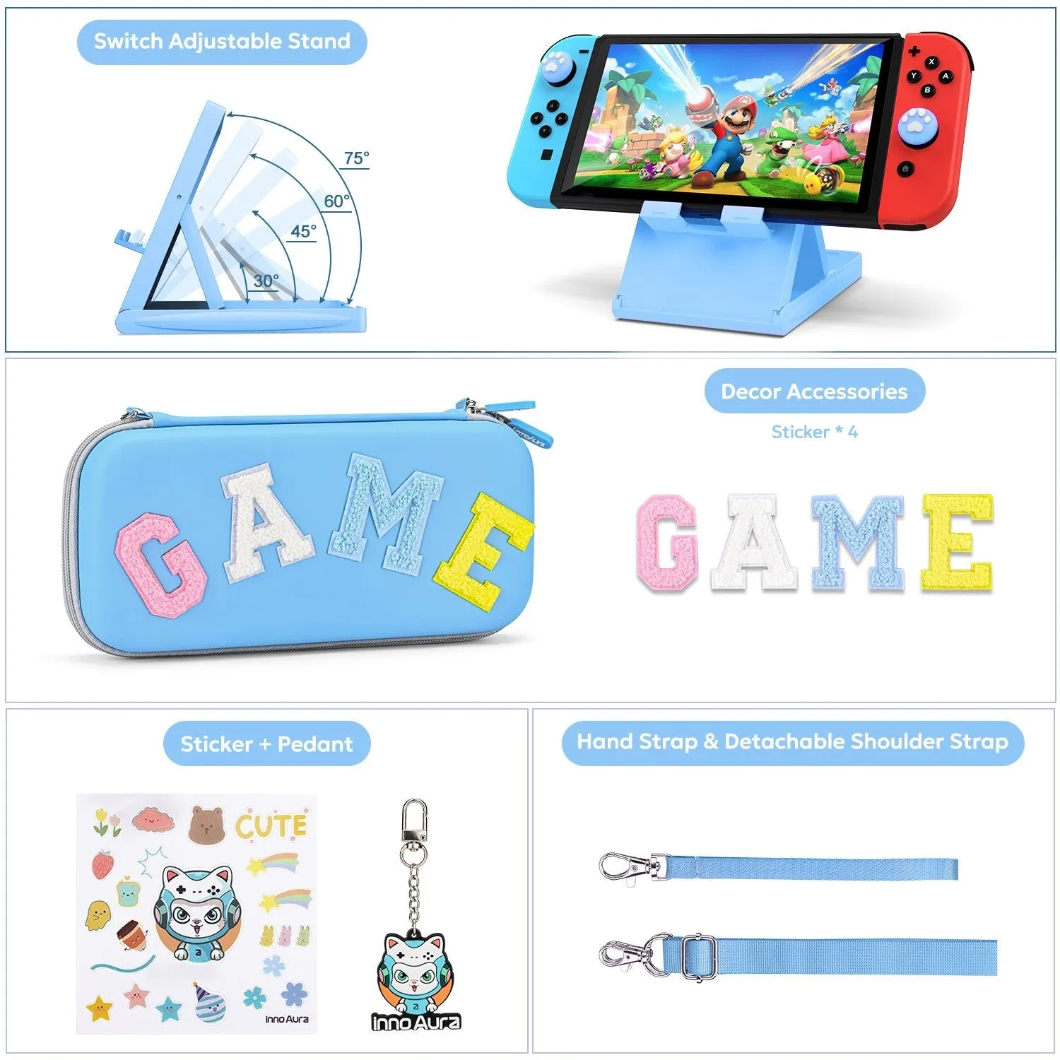 innoAura Switch/OLED Case for NS, 16 in 1 Switch Accessories Bundles (Blue-grey Splicing)