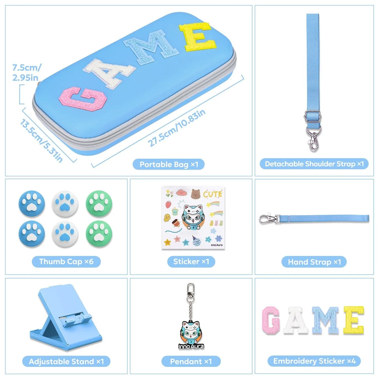 innoAura Switch/OLED Case for NS, 16 in 1 Switch Accessories Bundles (Blue-grey Splicing)