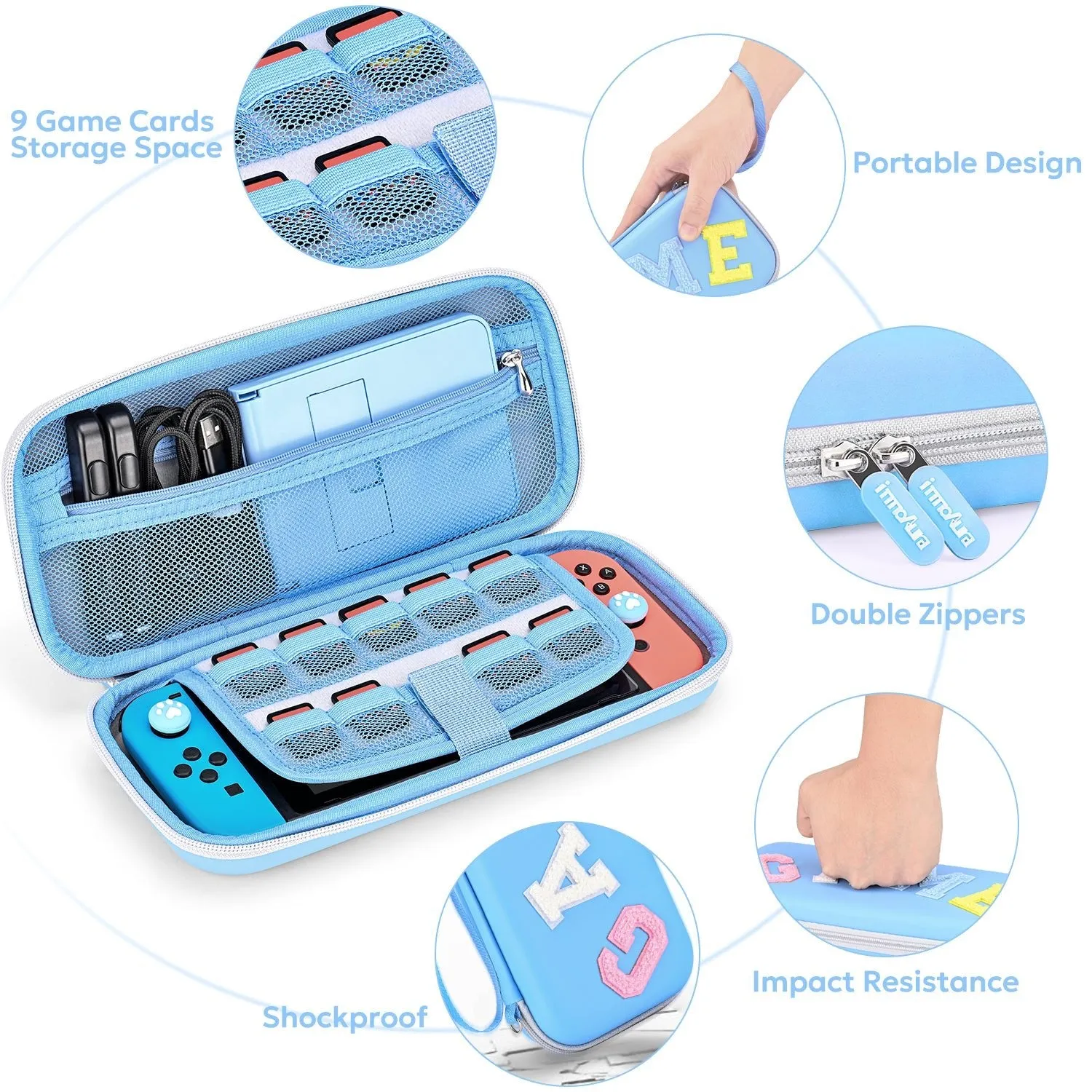 innoAura Switch/OLED Case for NS, 16 in 1 Switch Accessories Bundles (Blue-grey Splicing)