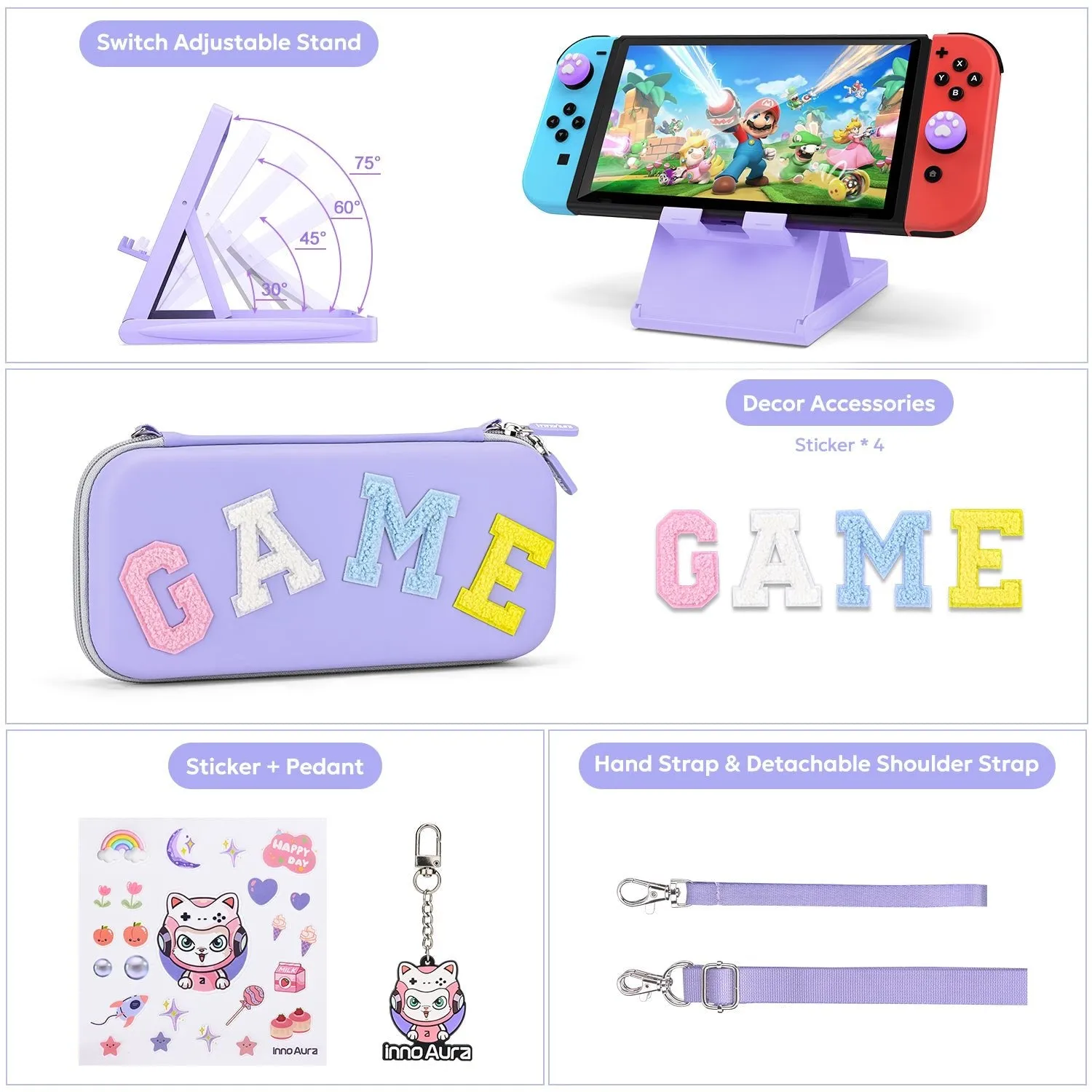 innoAura Switch/OLED Case for NS, 16 in 1 Switch Accessories Bundles(Purple-grey Splicing)