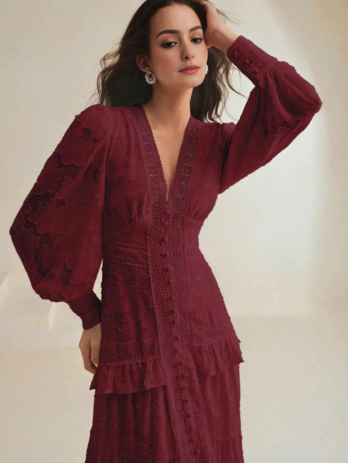 Isabella V-Neck Puff Sleeve Cinched Waist Elegant Dress