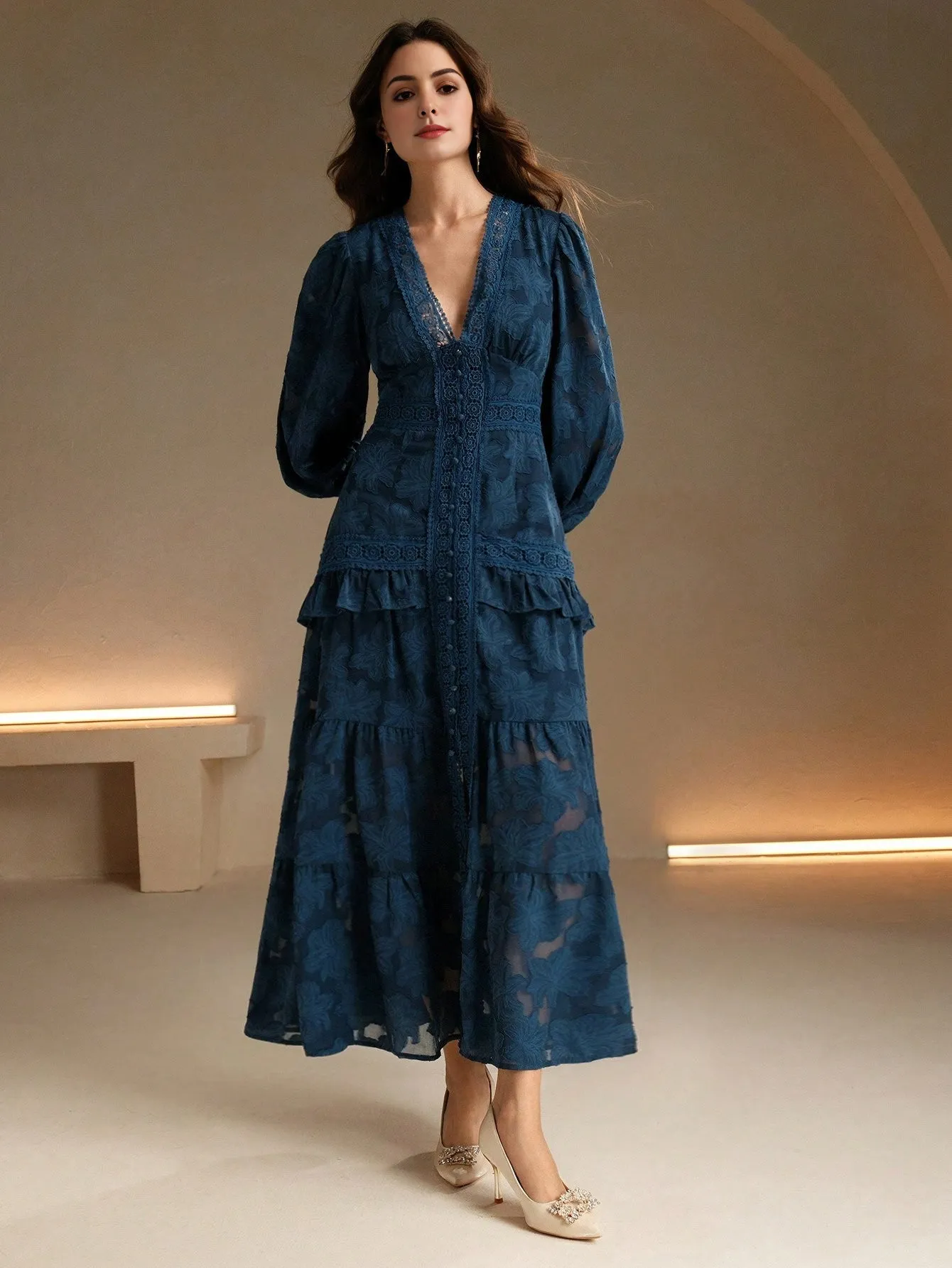 Isabella V-Neck Puff Sleeve Cinched Waist Elegant Dress