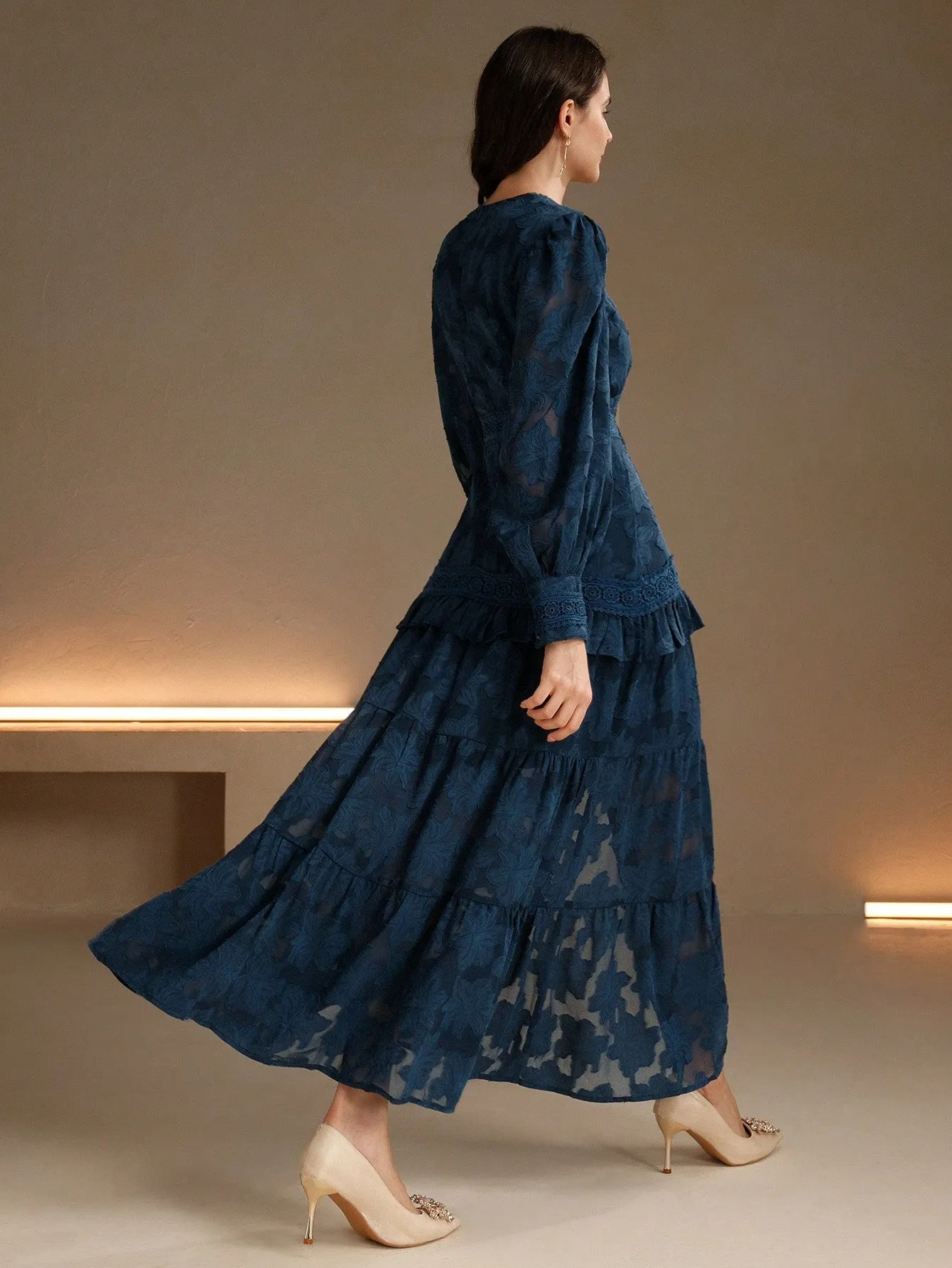 Isabella V-Neck Puff Sleeve Cinched Waist Elegant Dress