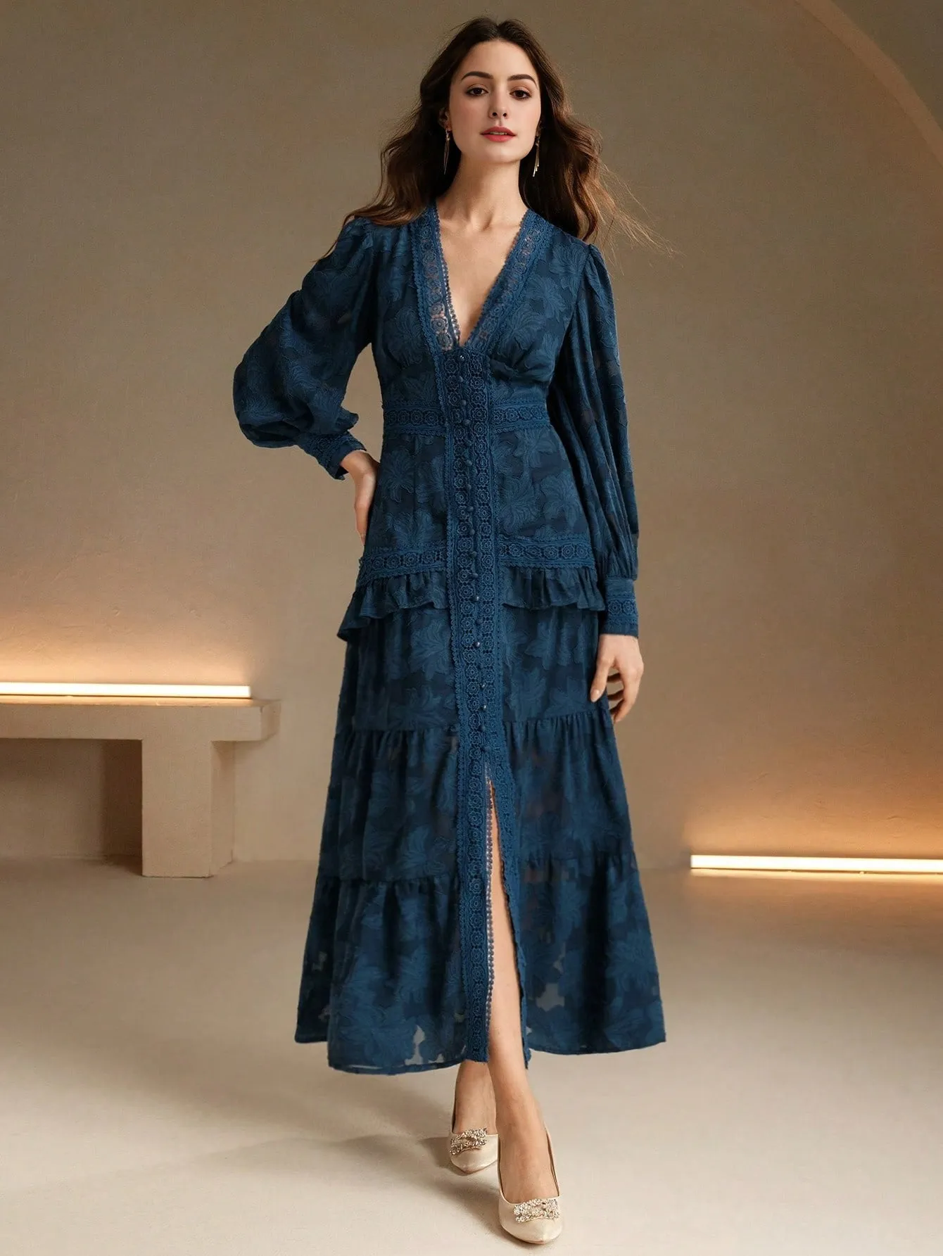 Isabella V-Neck Puff Sleeve Cinched Waist Elegant Dress