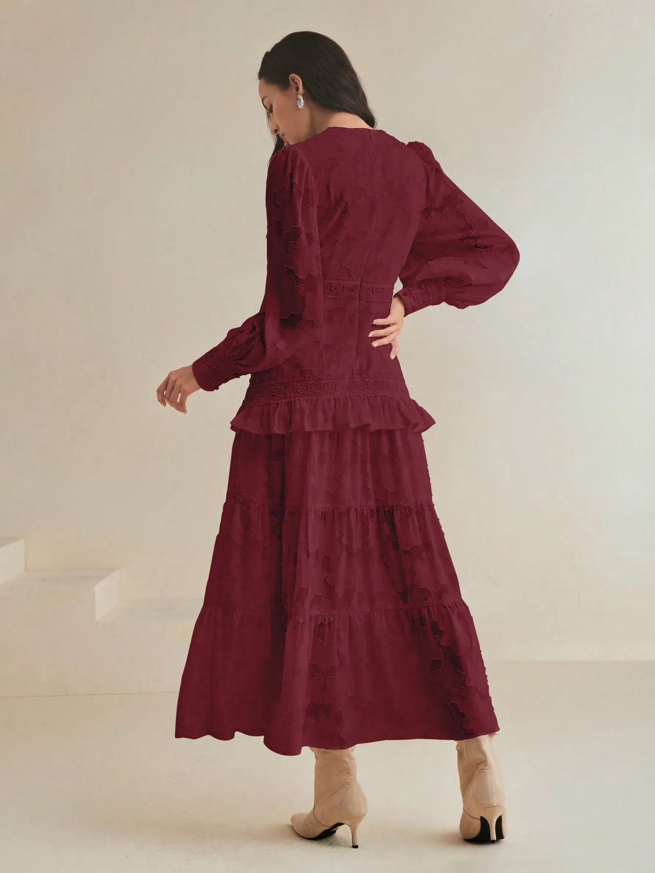 Isabella V-Neck Puff Sleeve Cinched Waist Elegant Dress