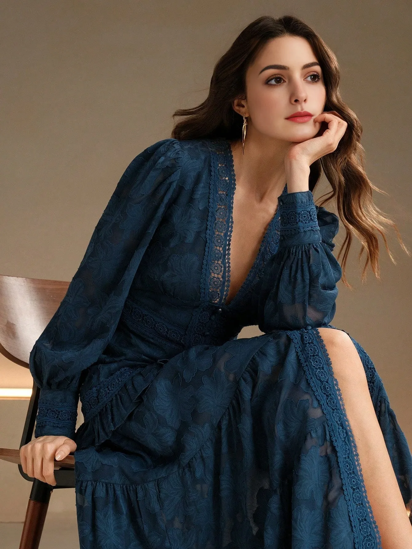 Isabella V-Neck Puff Sleeve Cinched Waist Elegant Dress