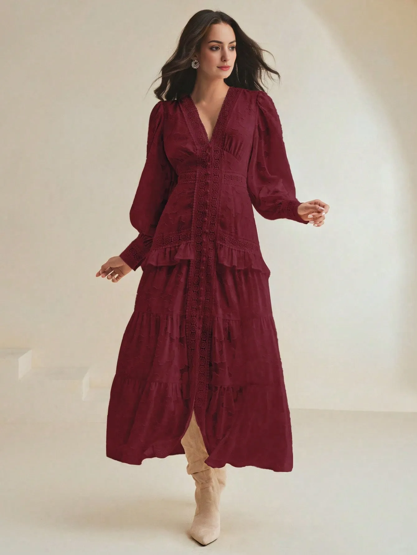 Isabella V-Neck Puff Sleeve Cinched Waist Elegant Dress