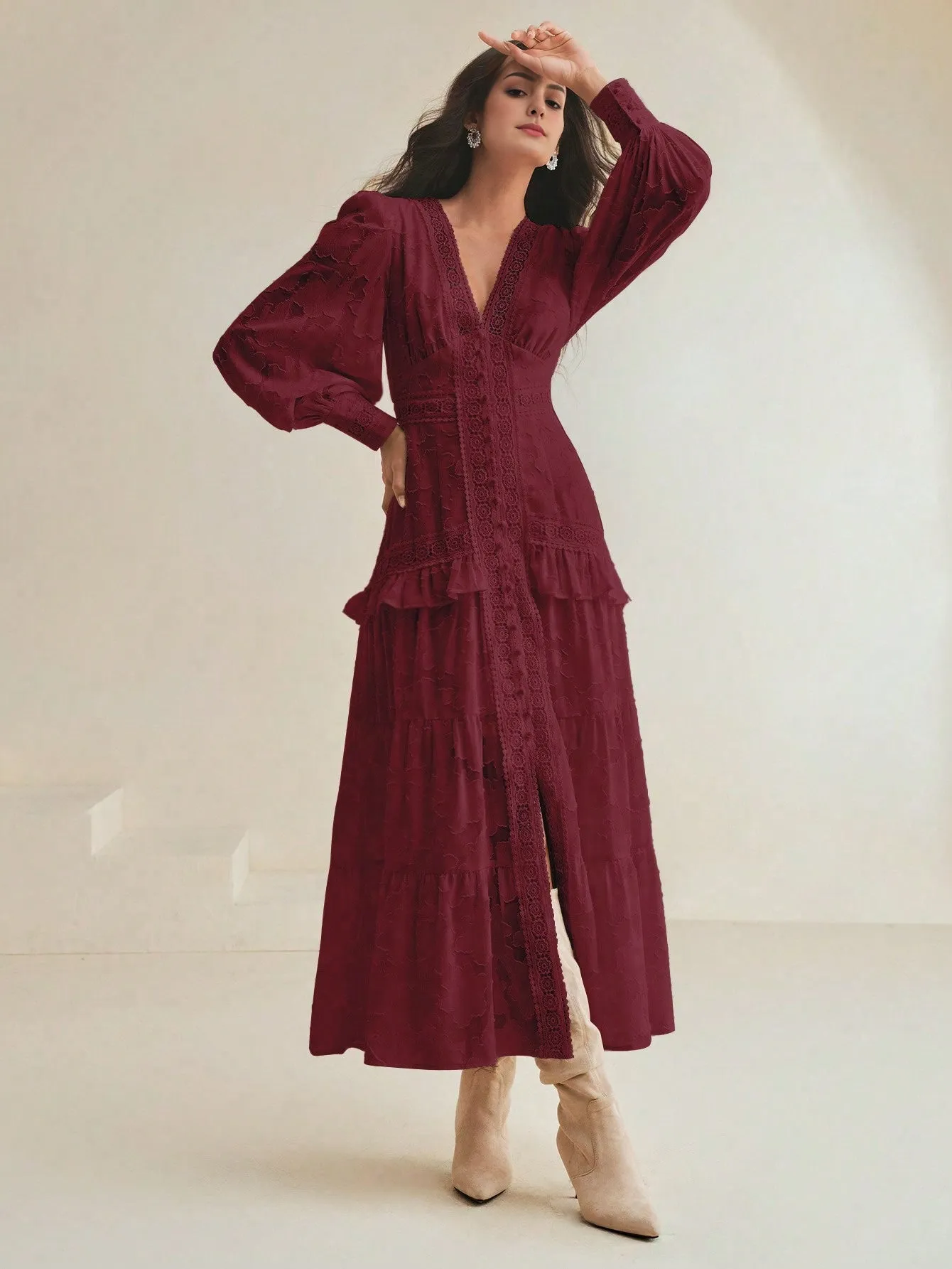 Isabella V-Neck Puff Sleeve Cinched Waist Elegant Dress