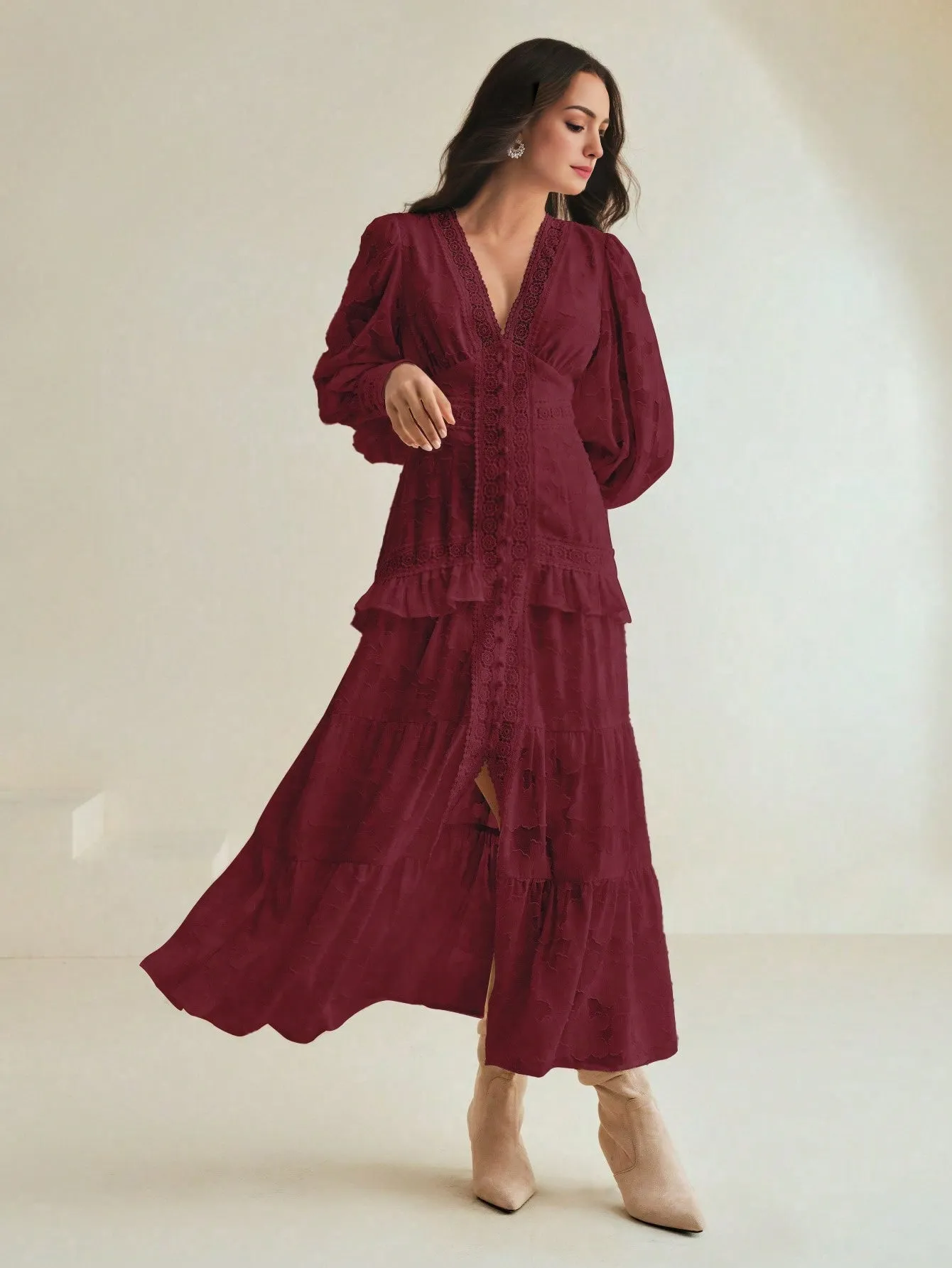 Isabella V-Neck Puff Sleeve Cinched Waist Elegant Dress