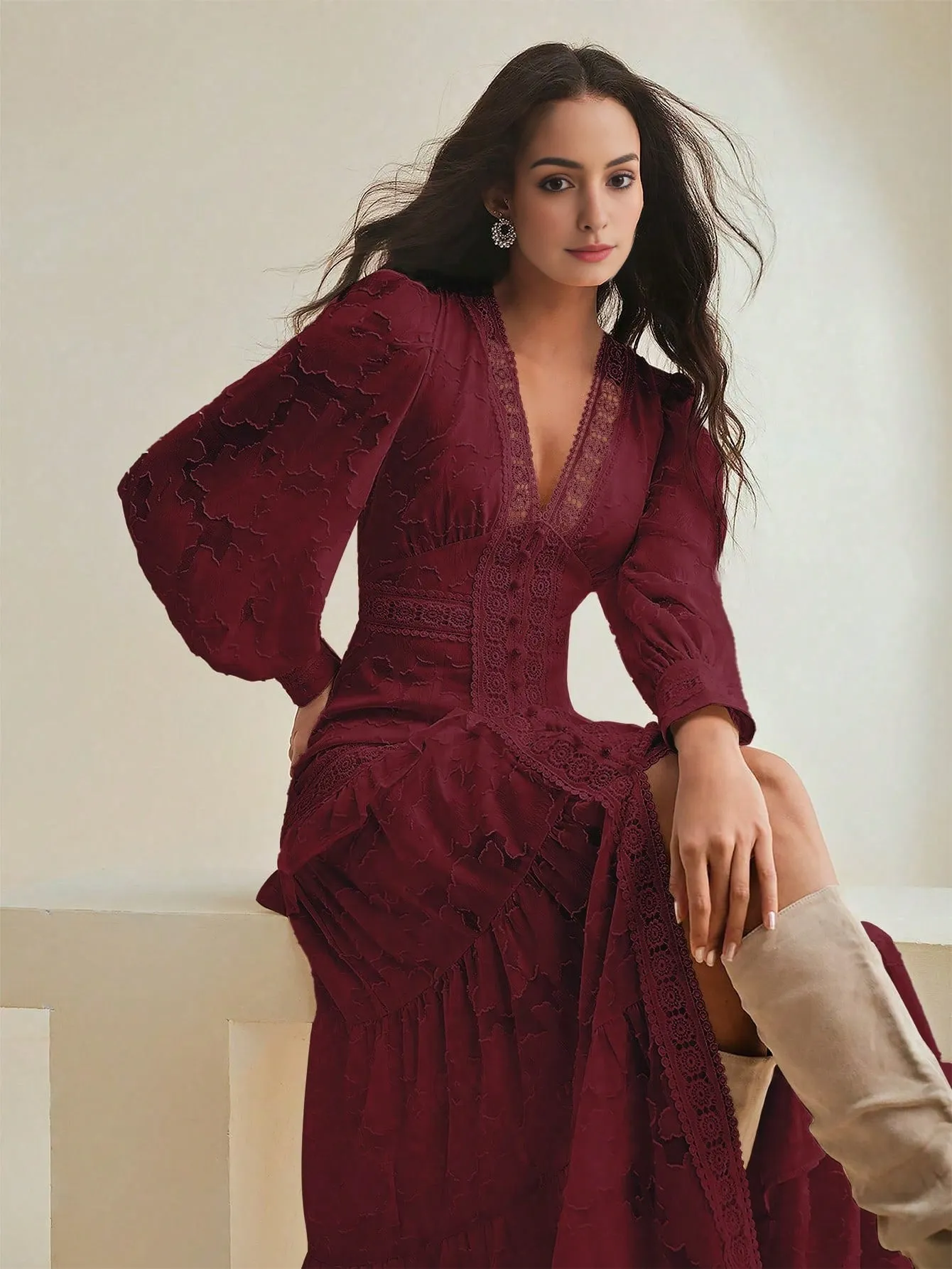 Isabella V-Neck Puff Sleeve Cinched Waist Elegant Dress