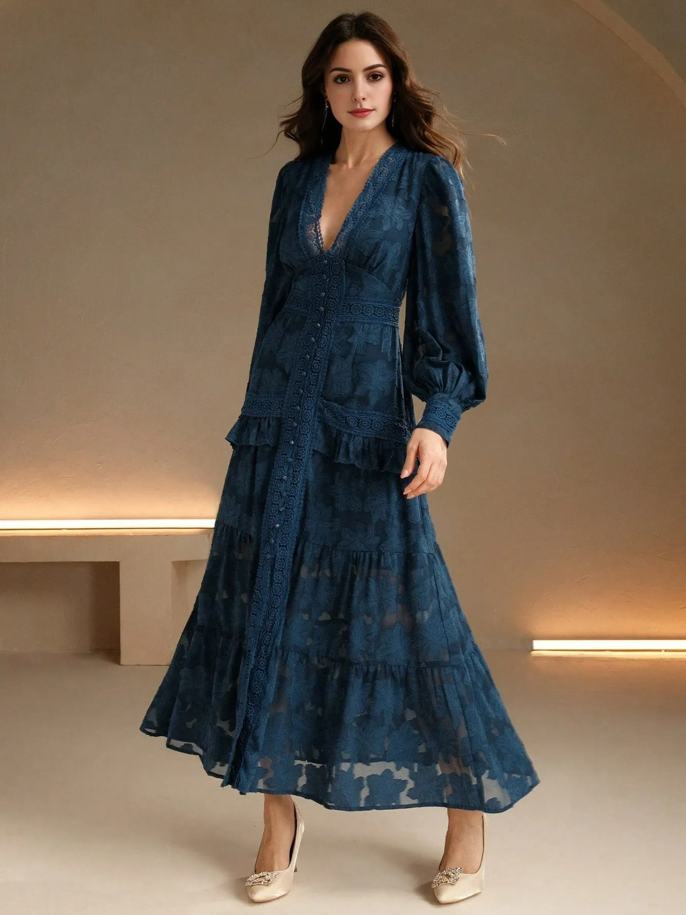Isabella V-Neck Puff Sleeve Cinched Waist Elegant Dress