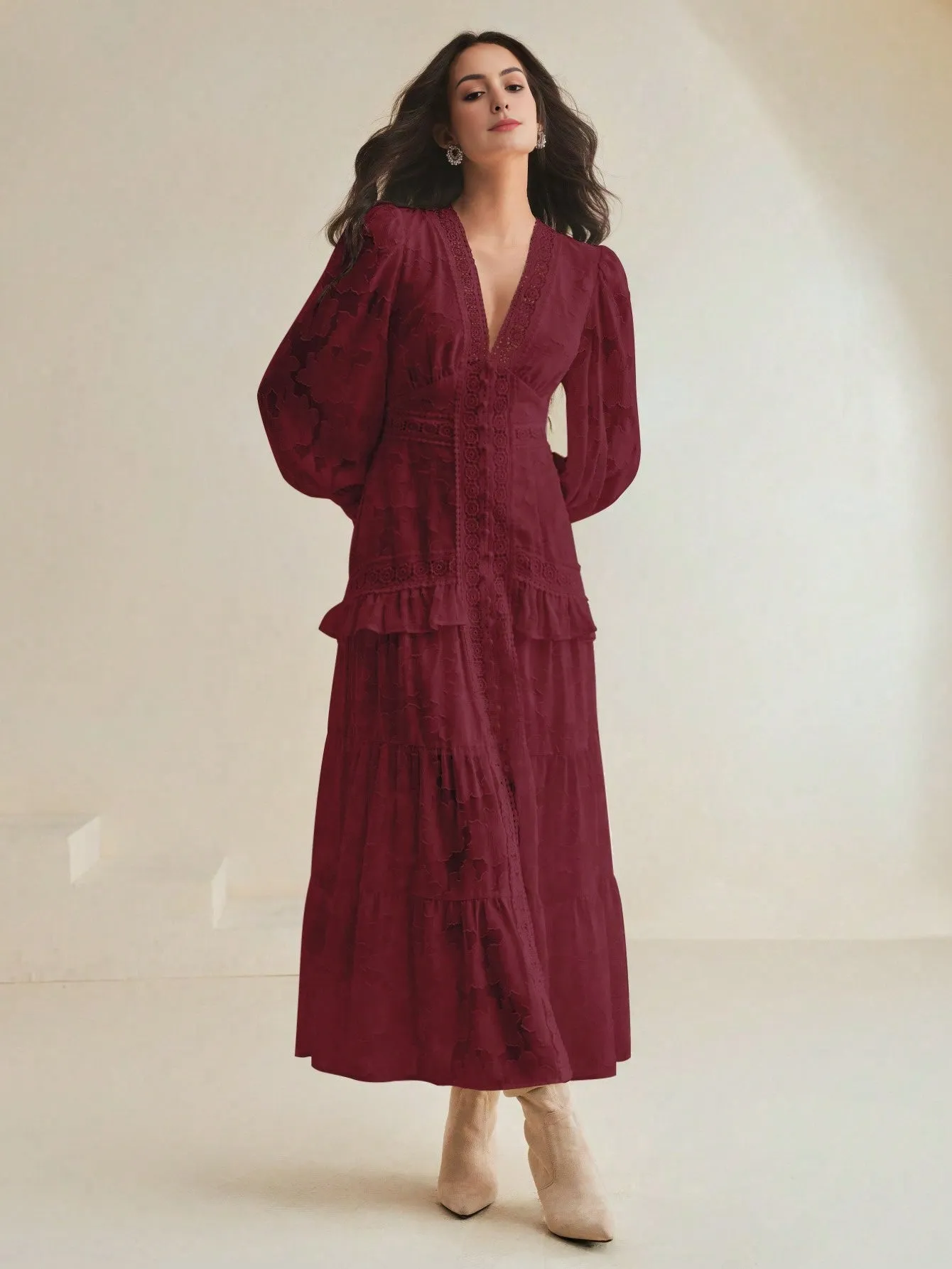 Isabella V-Neck Puff Sleeve Cinched Waist Elegant Dress