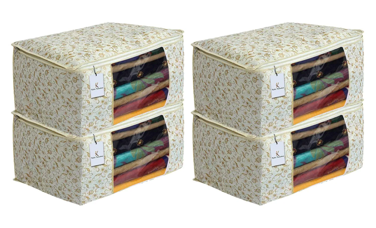 Kuber Industries Shining Metalic Print 4 Piece Non Woven Saree Cover Set, Brown