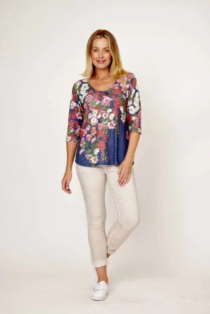La Strada - Shining Top - Navy/Red Floral