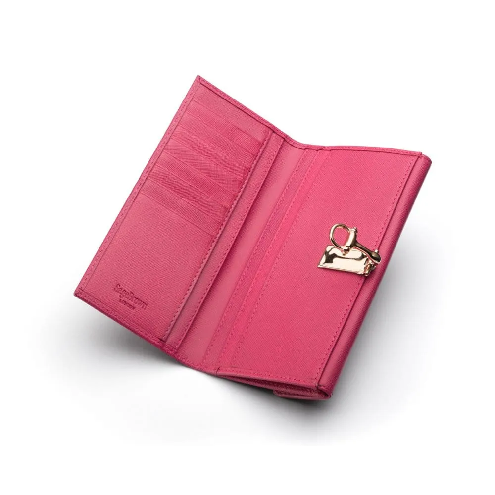 Ladies Tall Leather Purse With Brass Clasp 8 CC - Pink