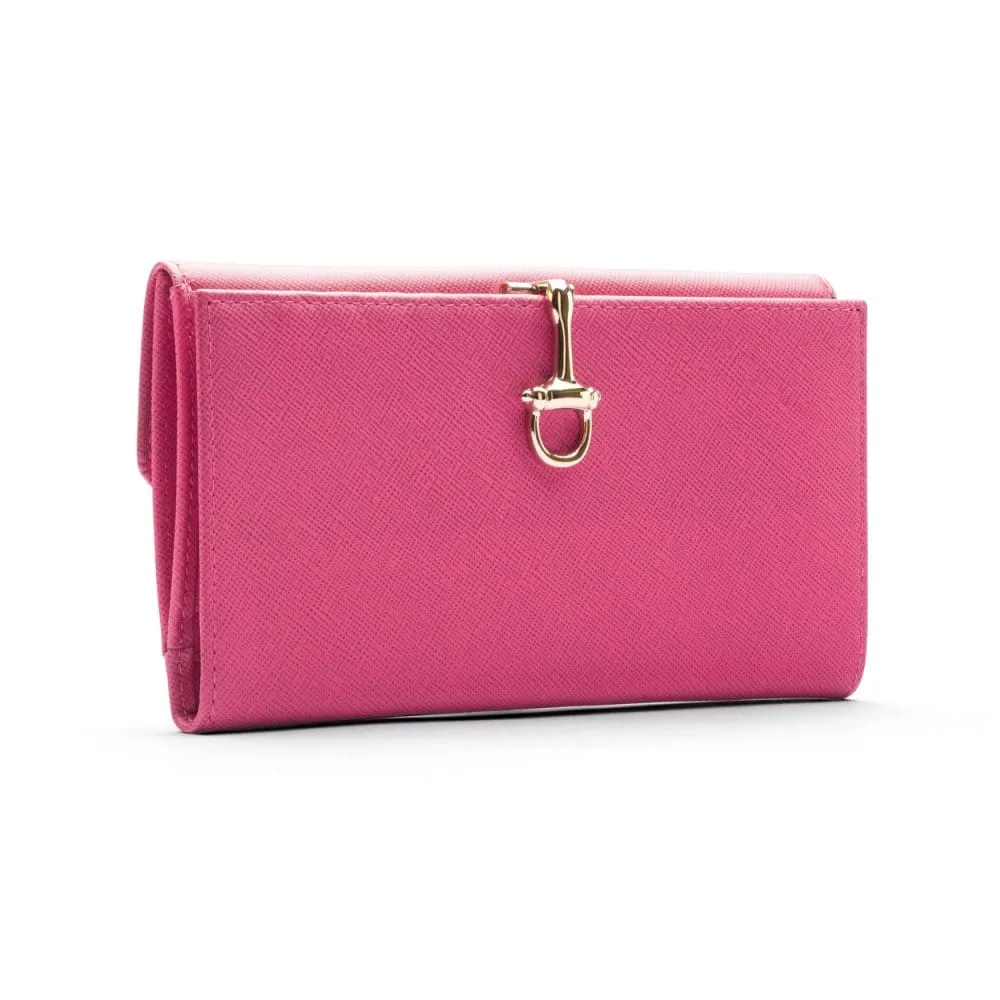 Ladies Tall Leather Purse With Brass Clasp 8 CC - Pink