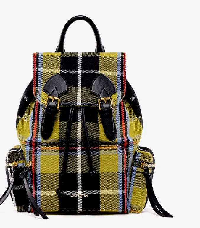 LAFESTIN CANVAS MEDIUM BACKPACK IN CHECK 629363 GREEN YELLOW