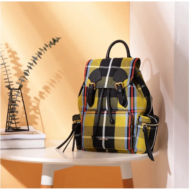 LAFESTIN CANVAS MEDIUM BACKPACK IN CHECK 629363 GREEN YELLOW