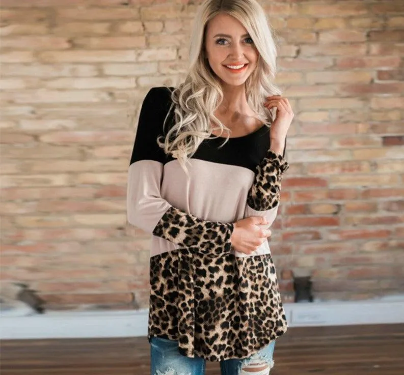 Long Sleeve Leopard Patchwork Tops for Mommy and me