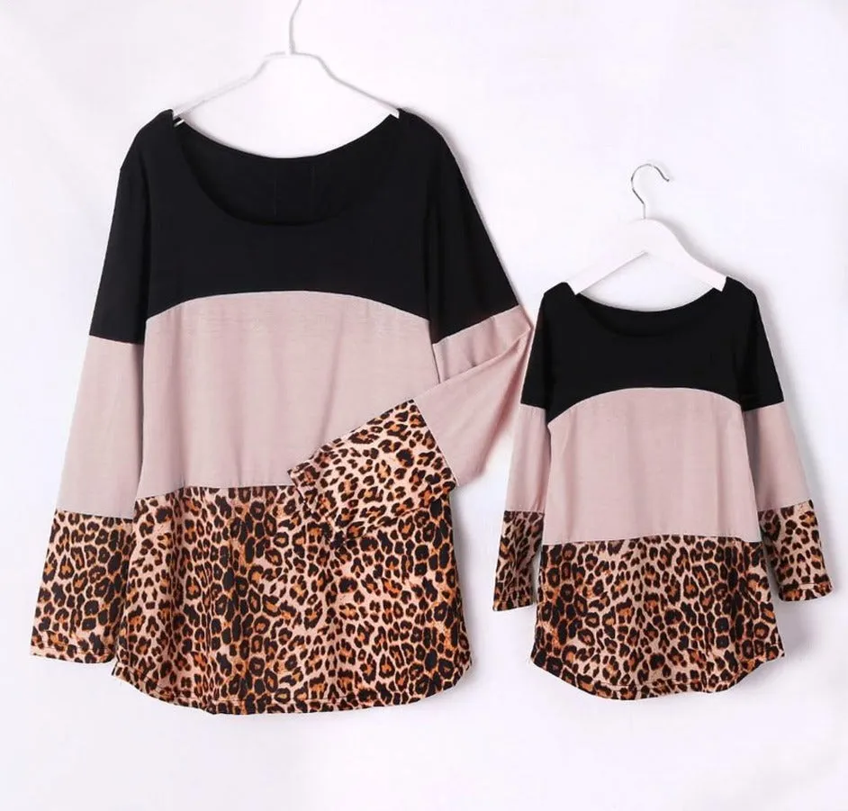 Long Sleeve Leopard Patchwork Tops for Mommy and me
