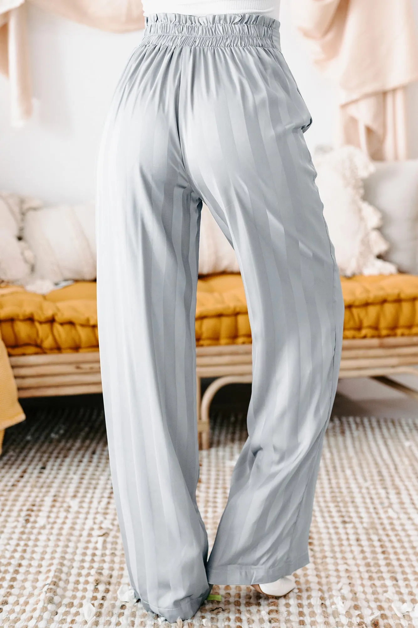 Mirage Satin Paper Bag Waist Wide-Leg Pants (Blue)