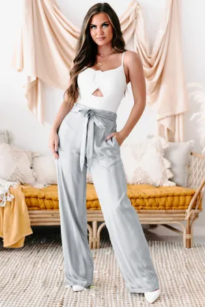Mirage Satin Paper Bag Waist Wide-Leg Pants (Blue)