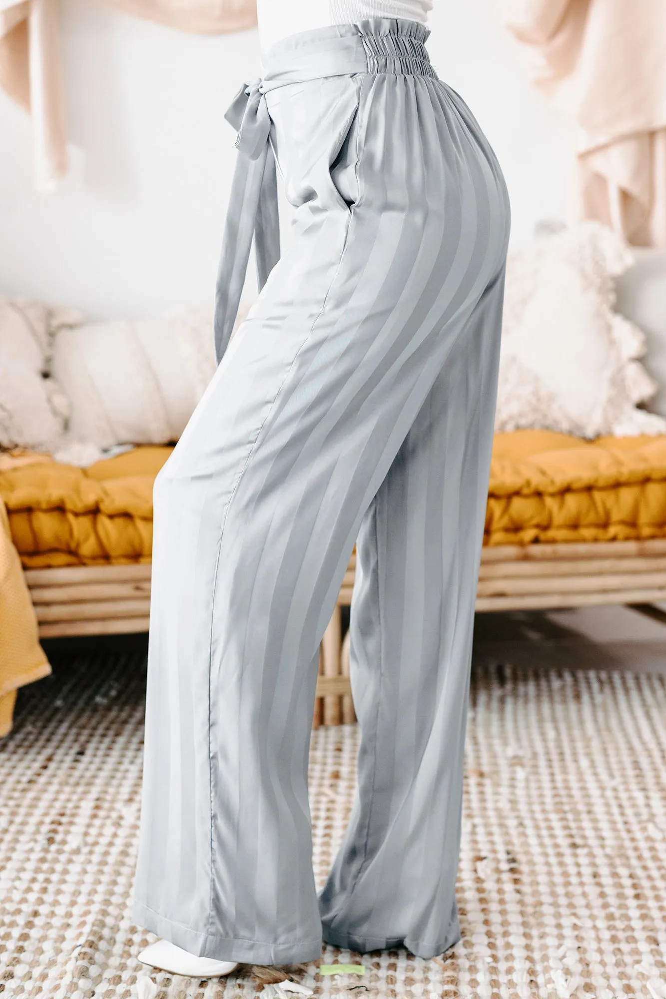 Mirage Satin Paper Bag Waist Wide-Leg Pants (Blue)