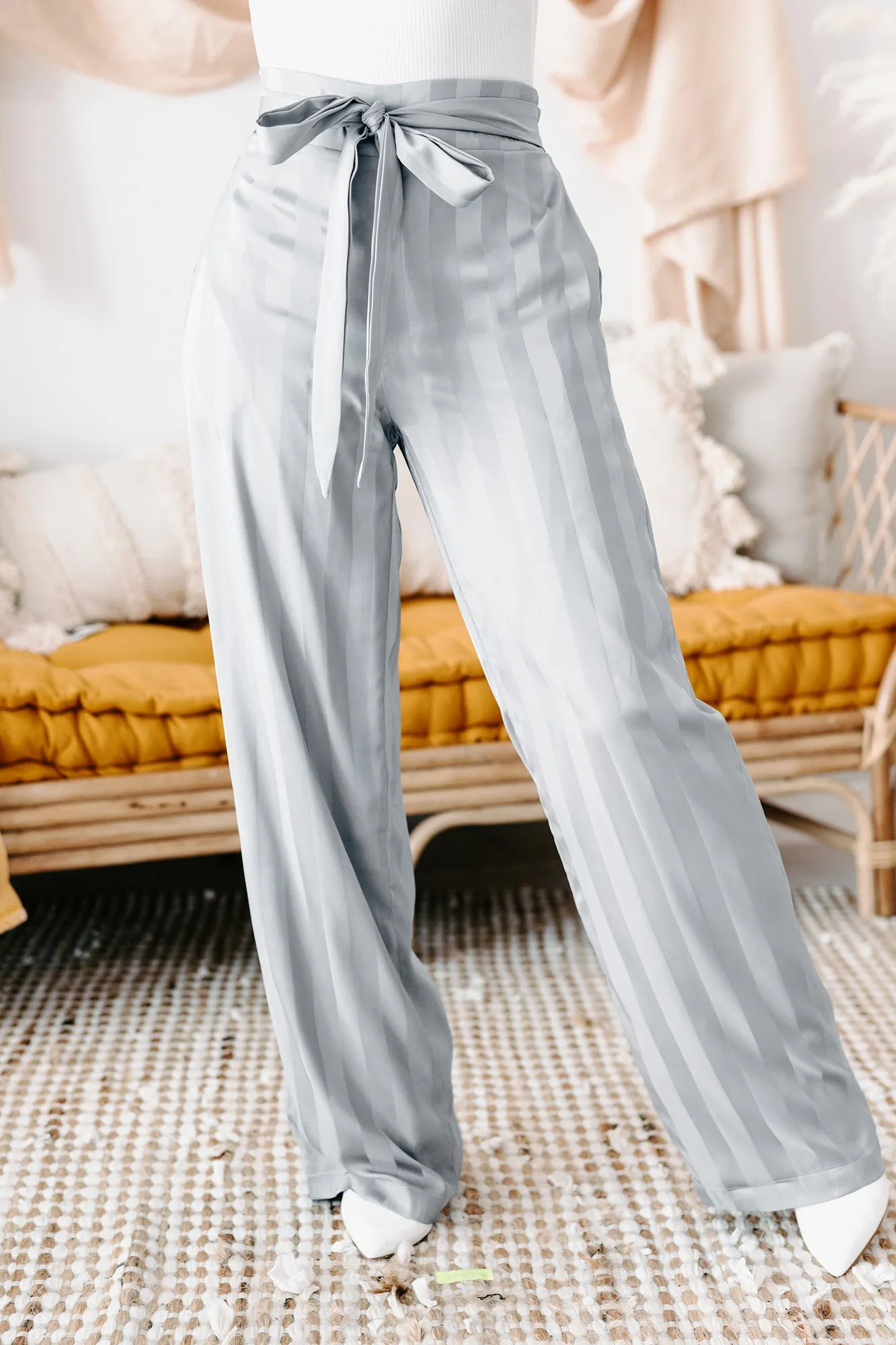 Mirage Satin Paper Bag Waist Wide-Leg Pants (Blue)