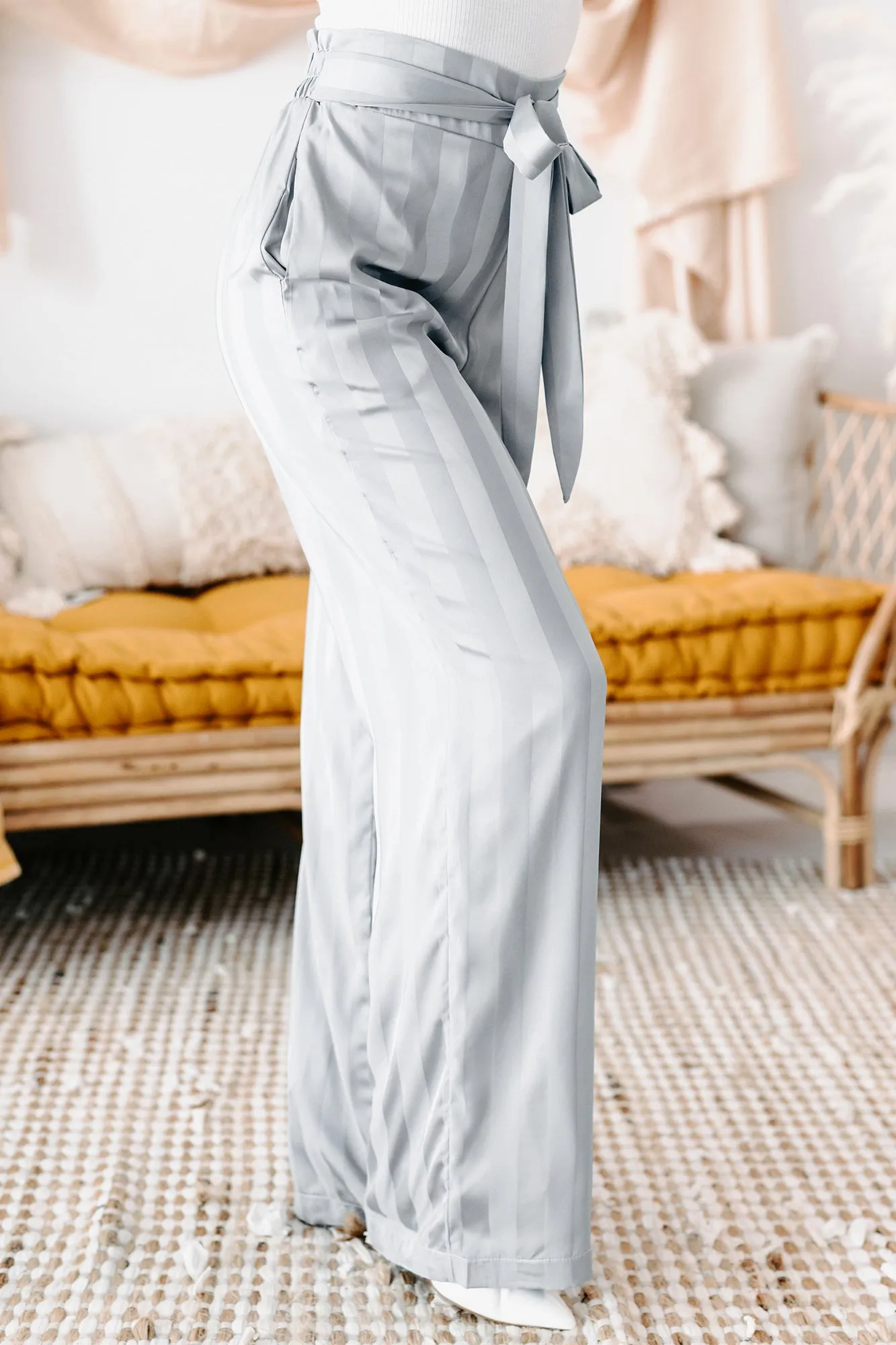 Mirage Satin Paper Bag Waist Wide-Leg Pants (Blue)