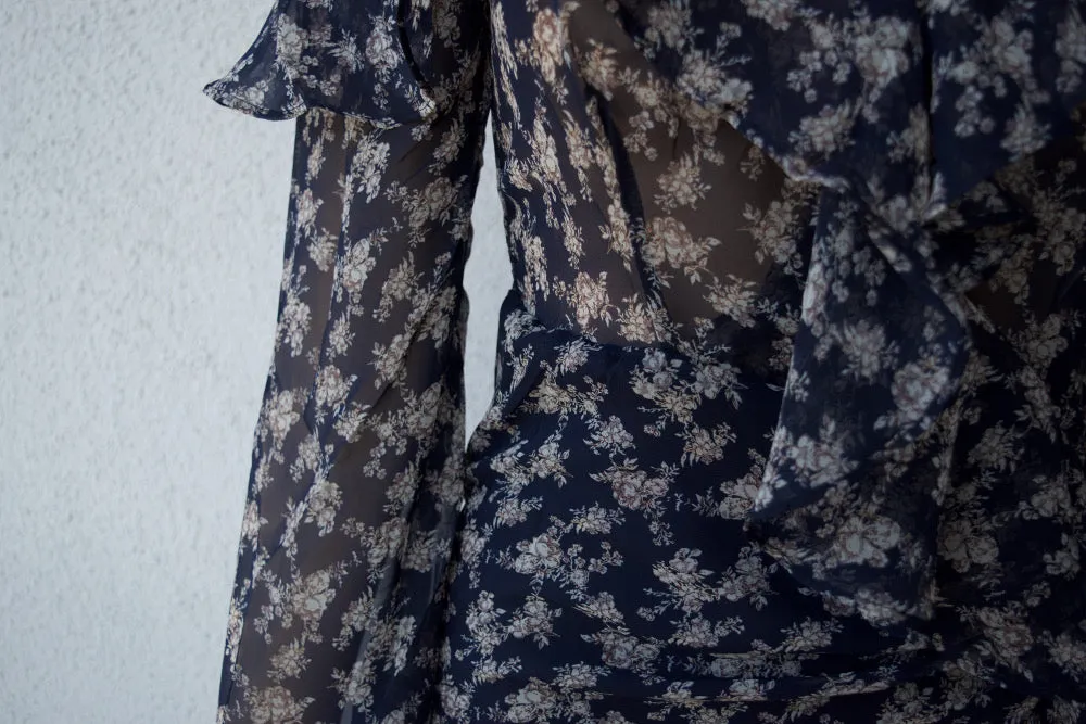 Navy Blue Long Sleeve Floral Ruffled Dress