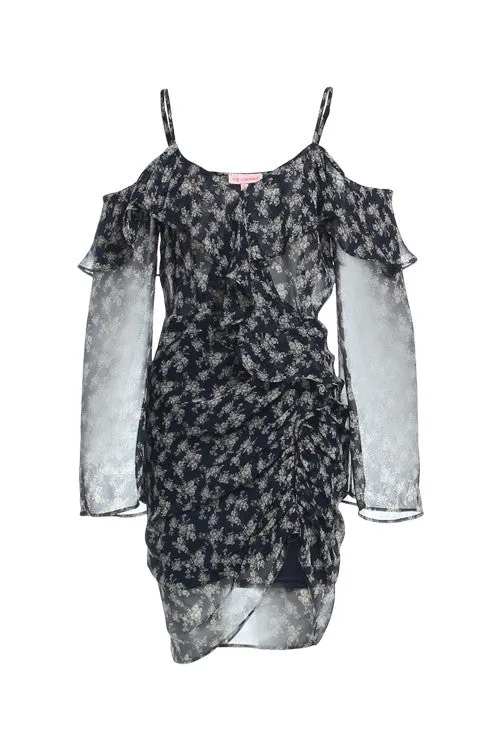 Navy Blue Long Sleeve Floral Ruffled Dress