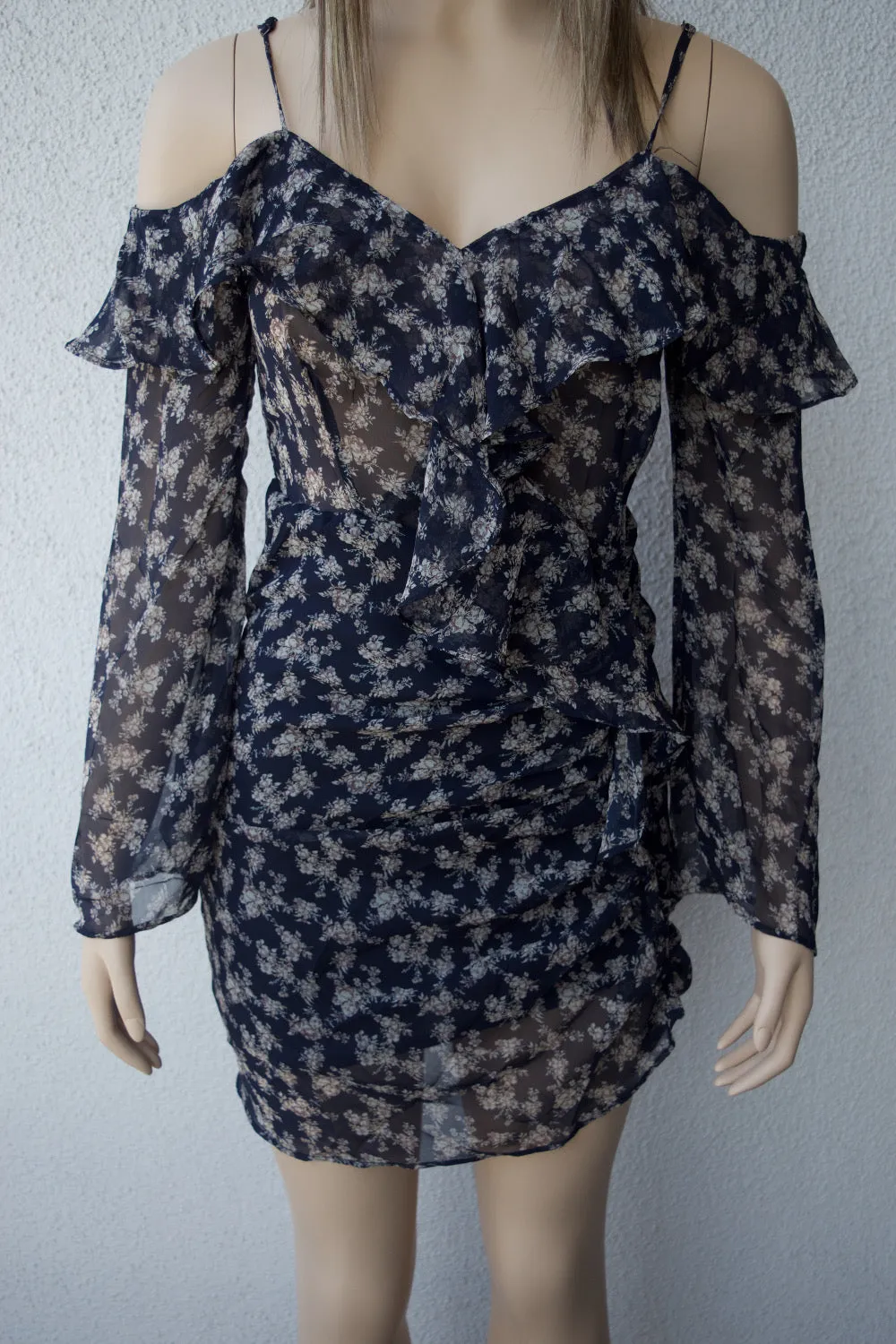 Navy Blue Long Sleeve Floral Ruffled Dress