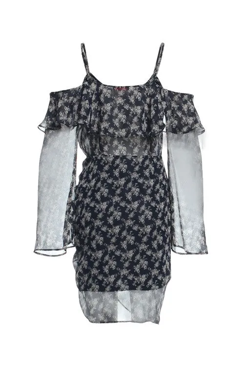 Navy Blue Long Sleeve Floral Ruffled Dress