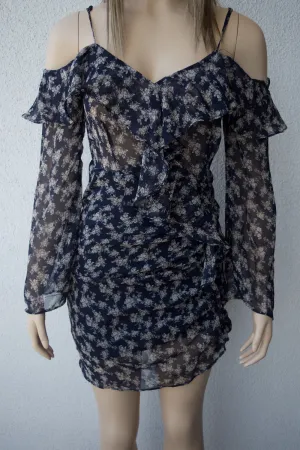 Navy Blue Long Sleeve Floral Ruffled Dress