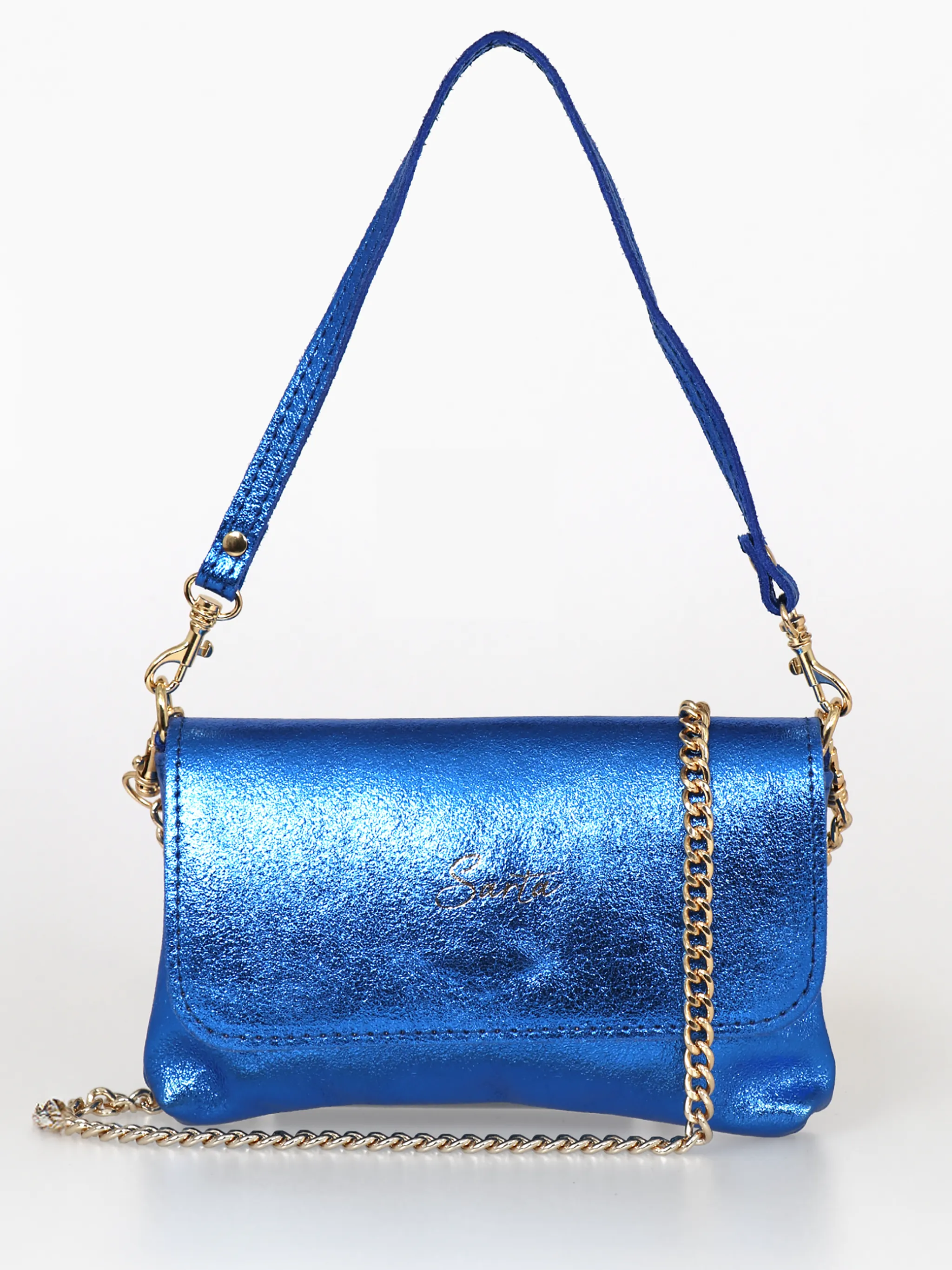 Olga - Italian Leather Mini Crossbody Bag - Blue, Metallic