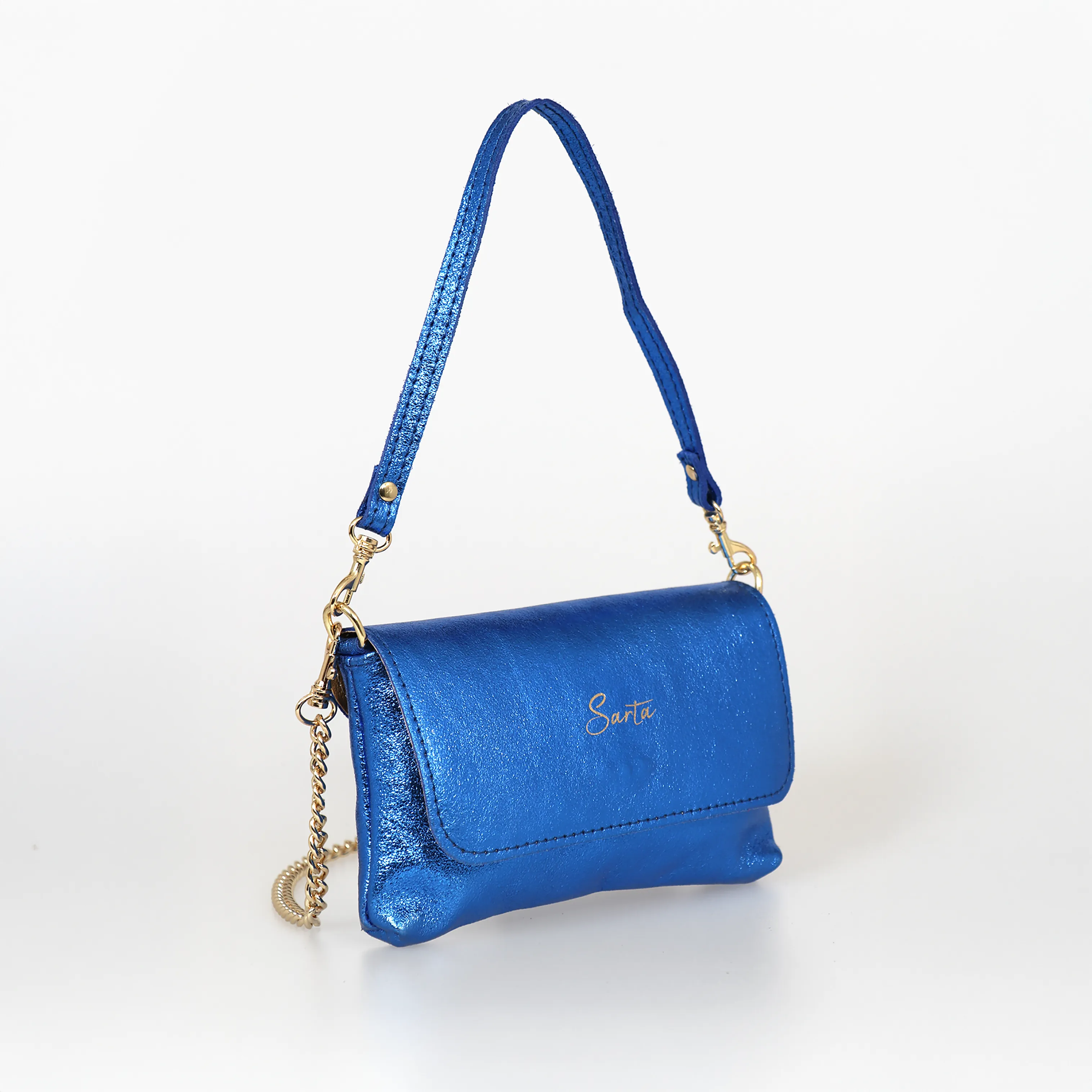 Olga - Italian Leather Mini Crossbody Bag - Blue, Metallic