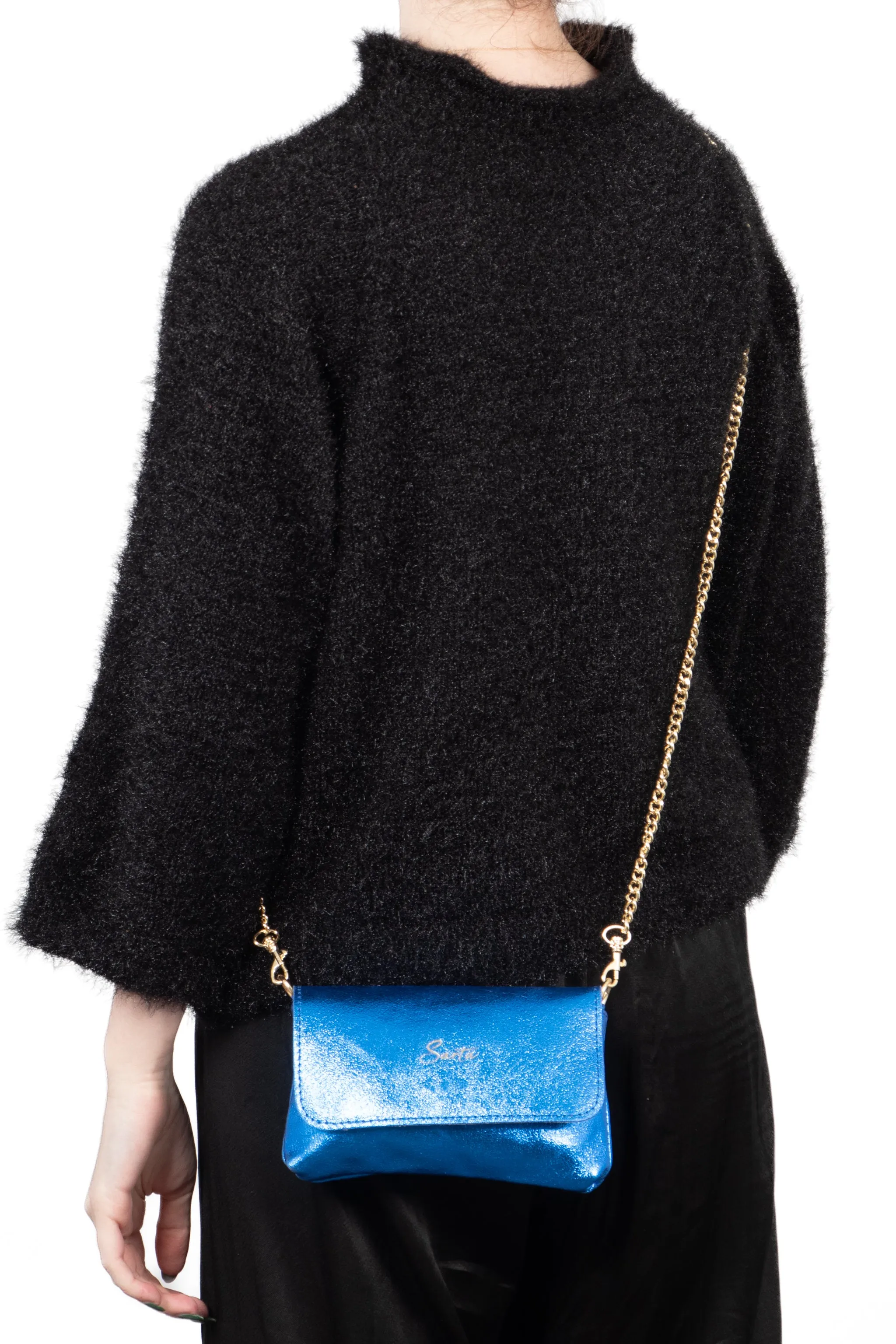Olga - Italian Leather Mini Crossbody Bag - Blue, Metallic