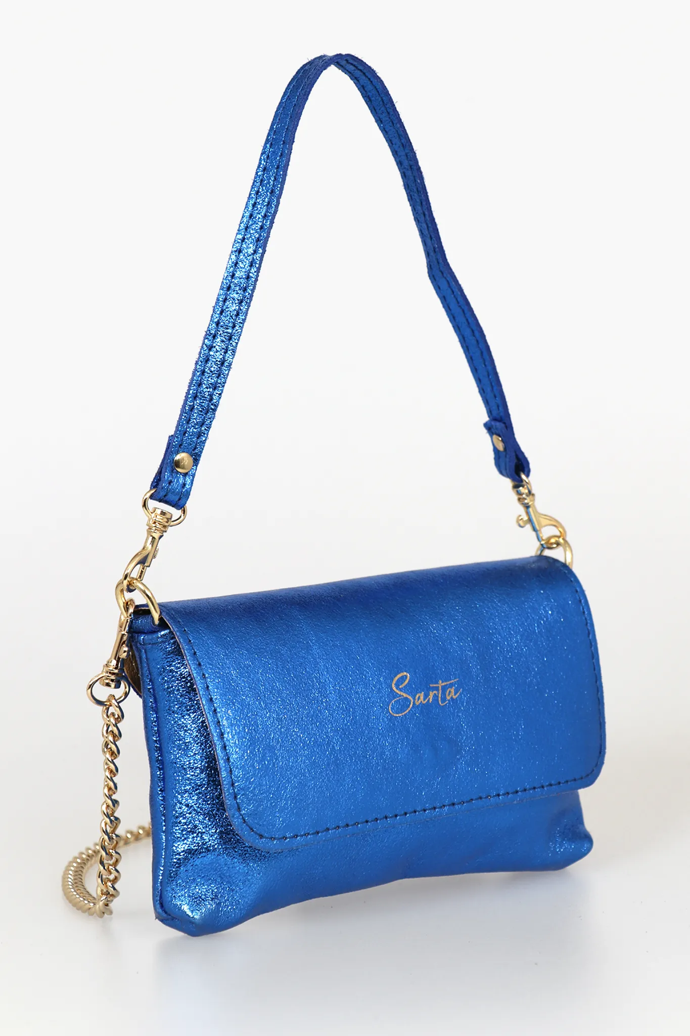 Olga - Italian Leather Mini Crossbody Bag - Blue, Metallic